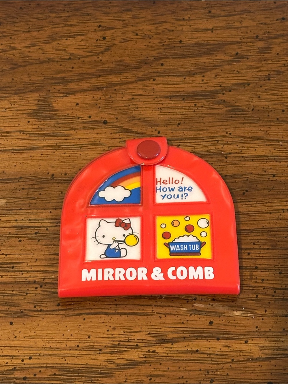 Vintage 1976 Sanrio Hello Kitty Pocket Mirror in Red Snap Closure Case